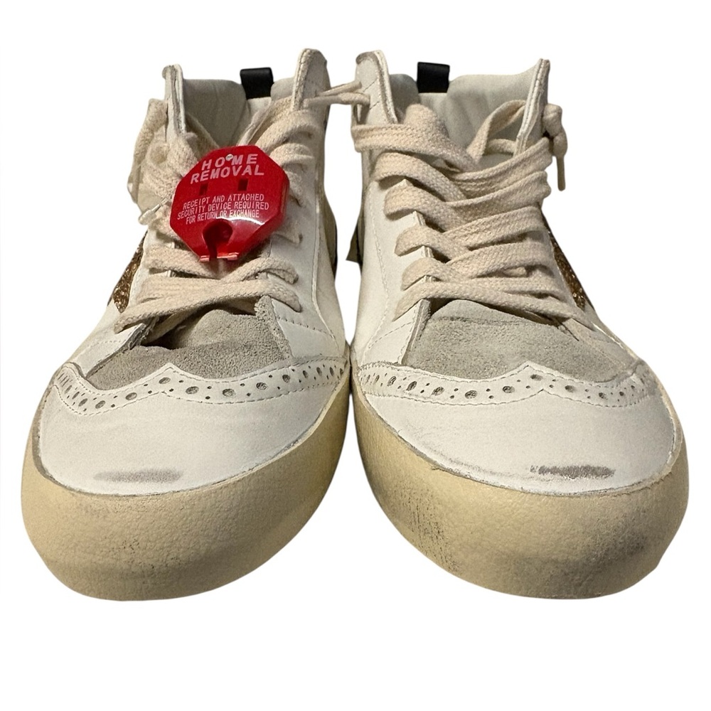 Golden Goose Mid Star White Sneakers with Gold Star and Dark Brown Glitter Heel - Picture 3 of 16